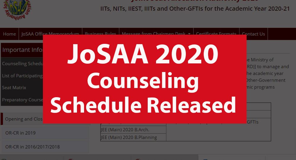 JoSAA 2020 Counseling Schedule Released