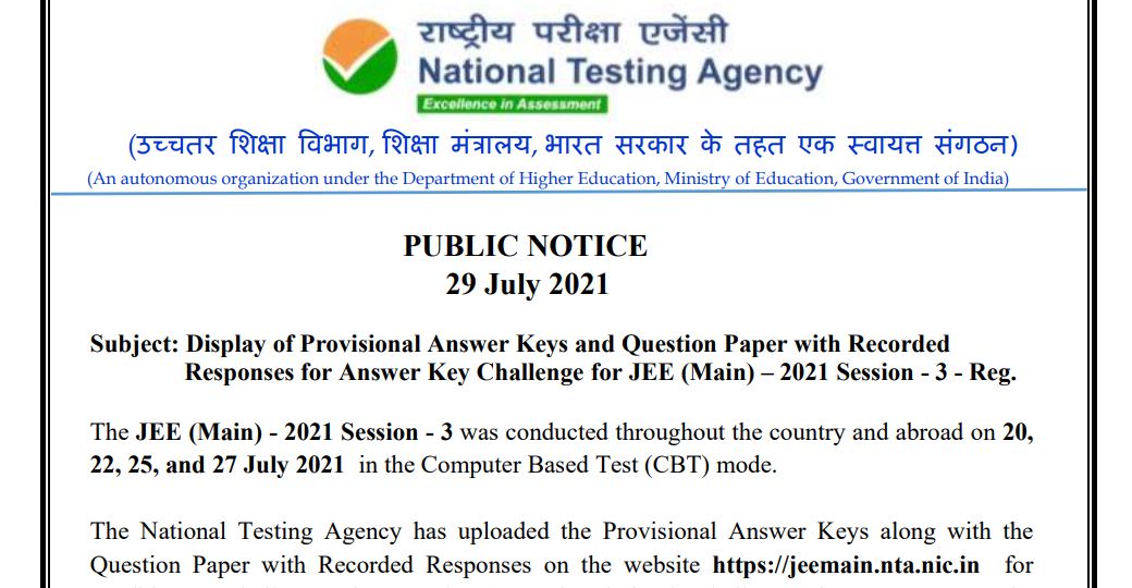 JEE MAIN 3RD ATTEMPT QUE PAPER ANSWER KEY